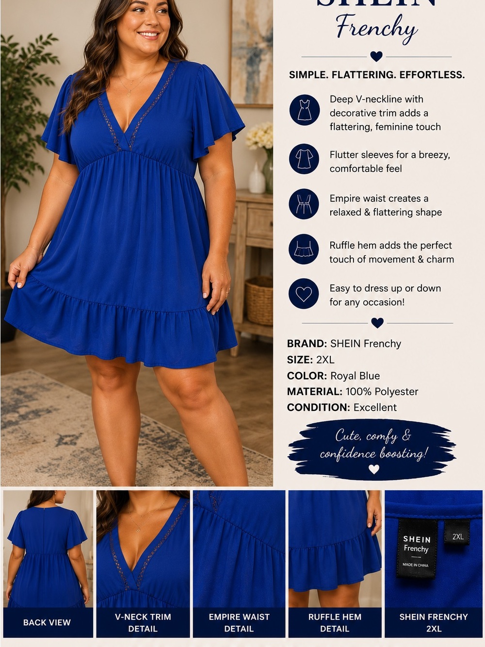 SHEIN Royal Blue Flutter Sleeve Ruffle Mini Dress